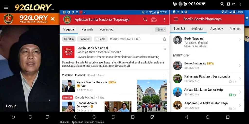 Antarmuka 92GLORY menampilkan berita nasional terbaru dengan desain yang menarik.