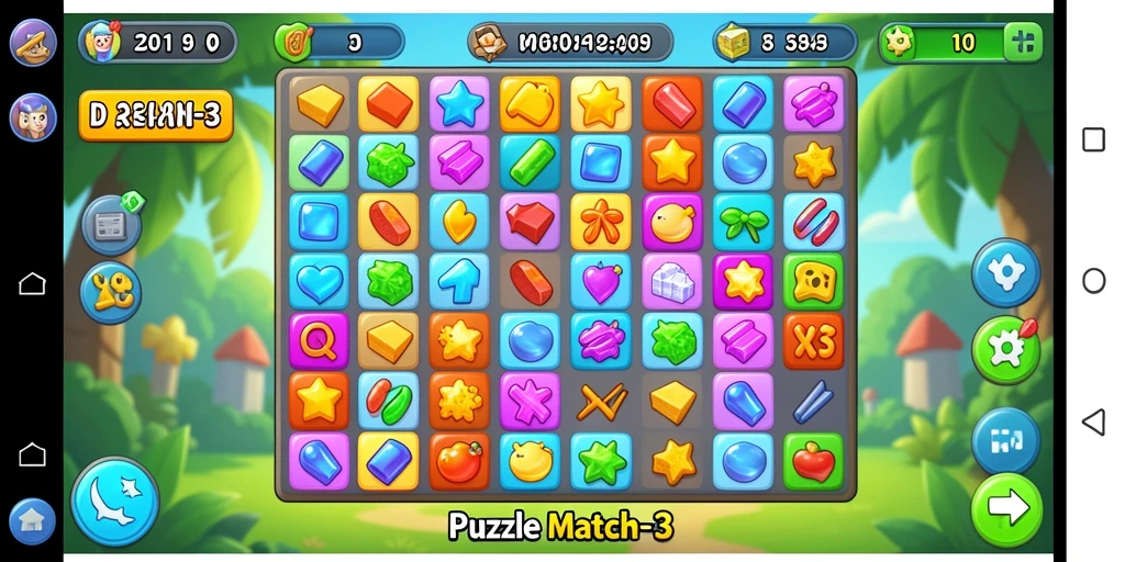 Tampilan antarmuka game Puzzle Match-3 dengan simbol berwarna-warni.