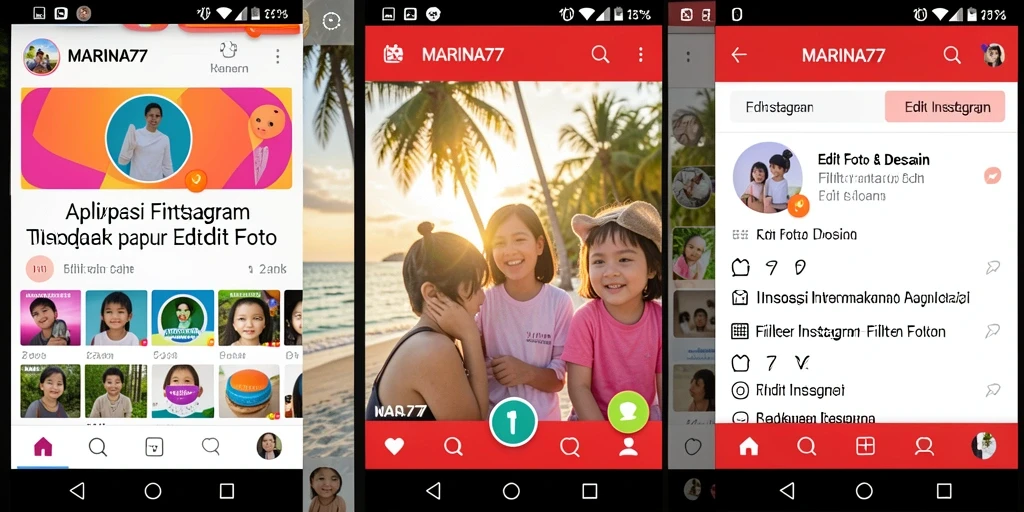 Tampilan antarmuka utama aplikasi MARINA77 dengan beragam filter Instagram.
